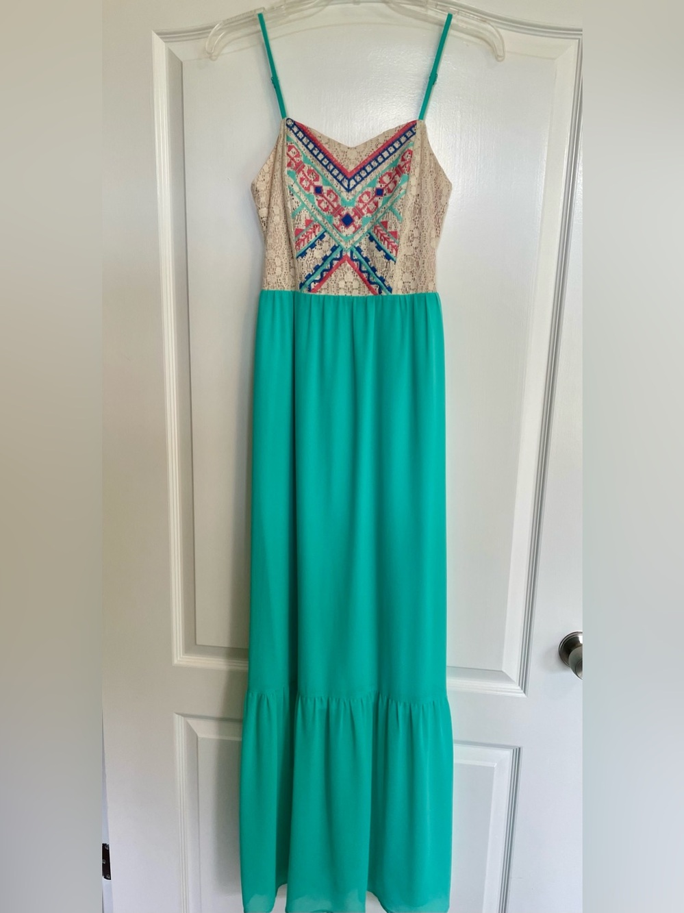 Flying Tomato Turquoise Maxi Dress with Cream Lace Embroidered Bodice